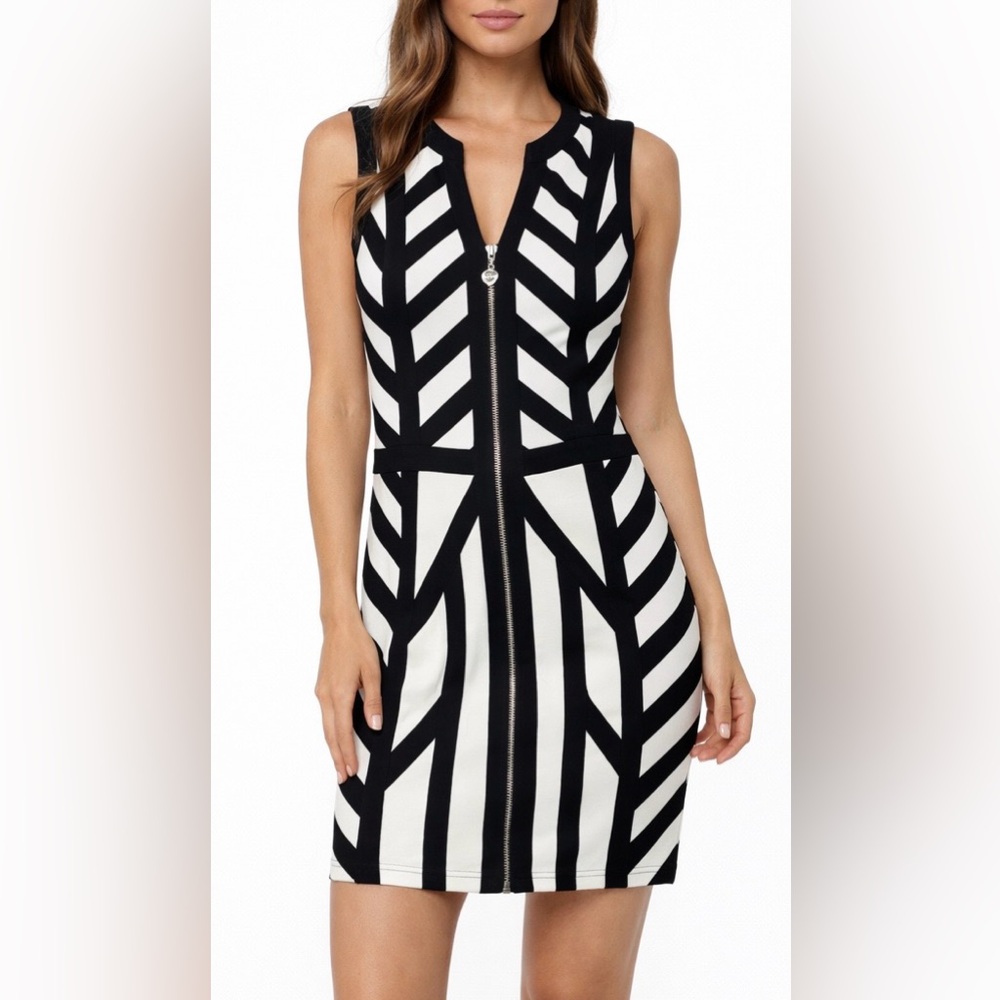 Bebe Black and White Zip-Front Geometric Mini Dress NWT Size Medium